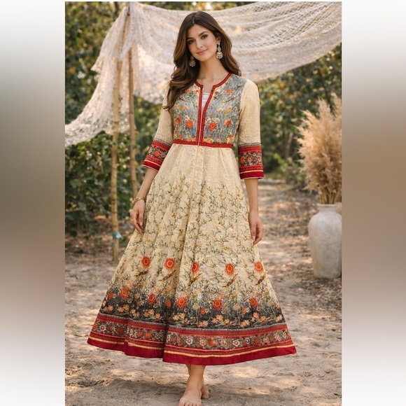 Biba Dresses & Skirts - Biba Designer Anarkali Maxi Dress Boho Floral Print Cream Red Gold Sz M/34